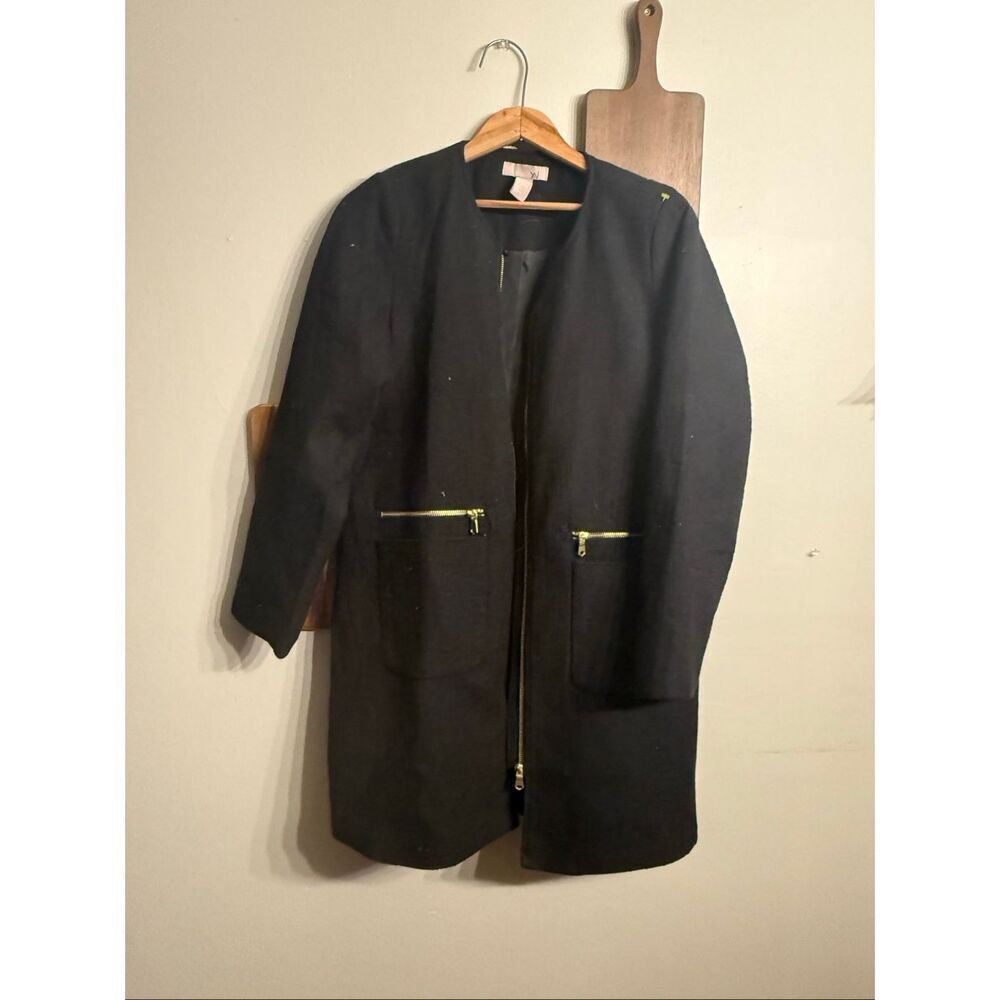 H&M Black Tweed Lined‎ Zipper Front Cotton Blend Longline Jacket Size 14